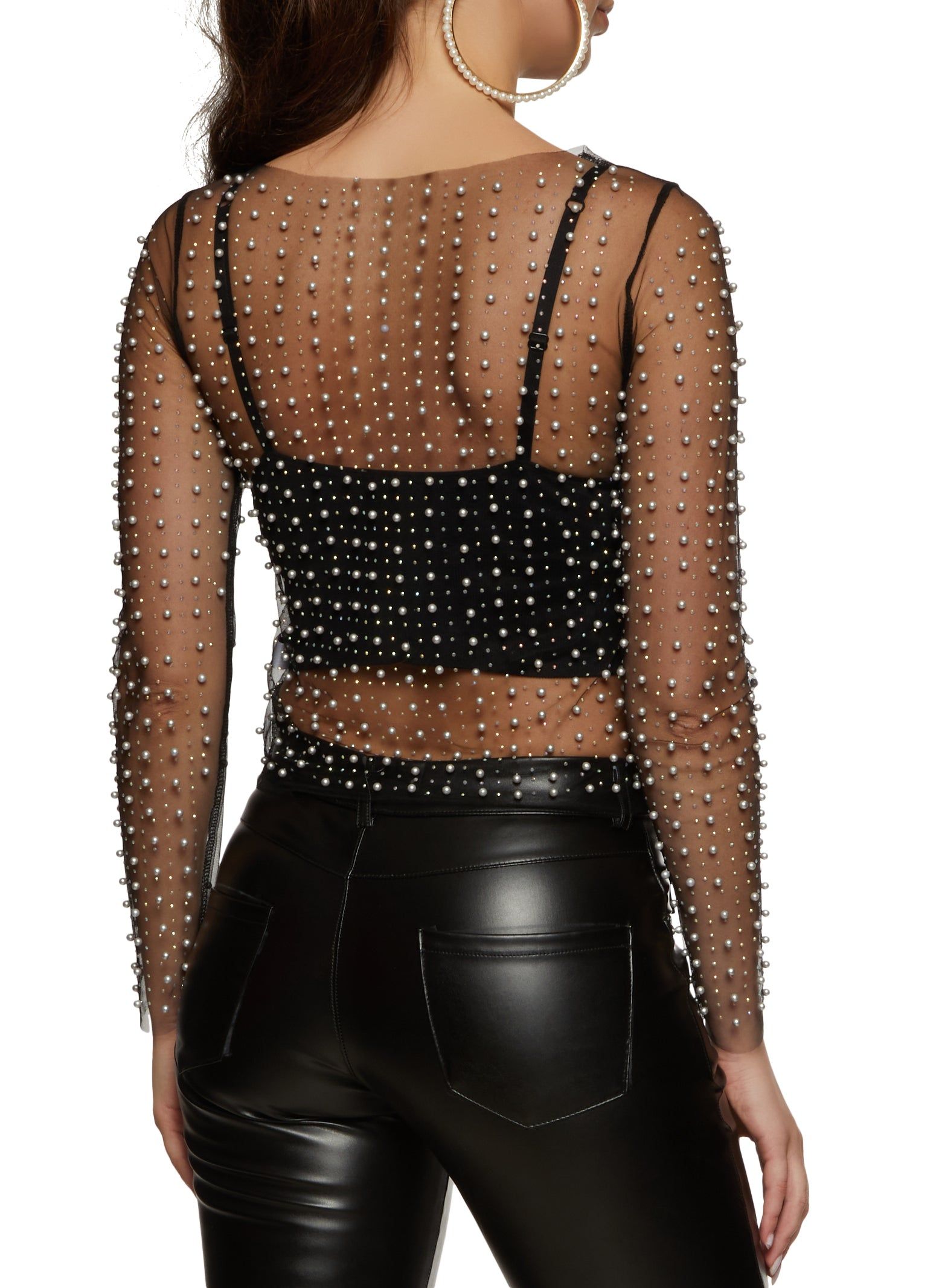 Mesh Faux Pearl Rhinestone Long Sleeve Top sold by Rainbow product image thumbnail 2