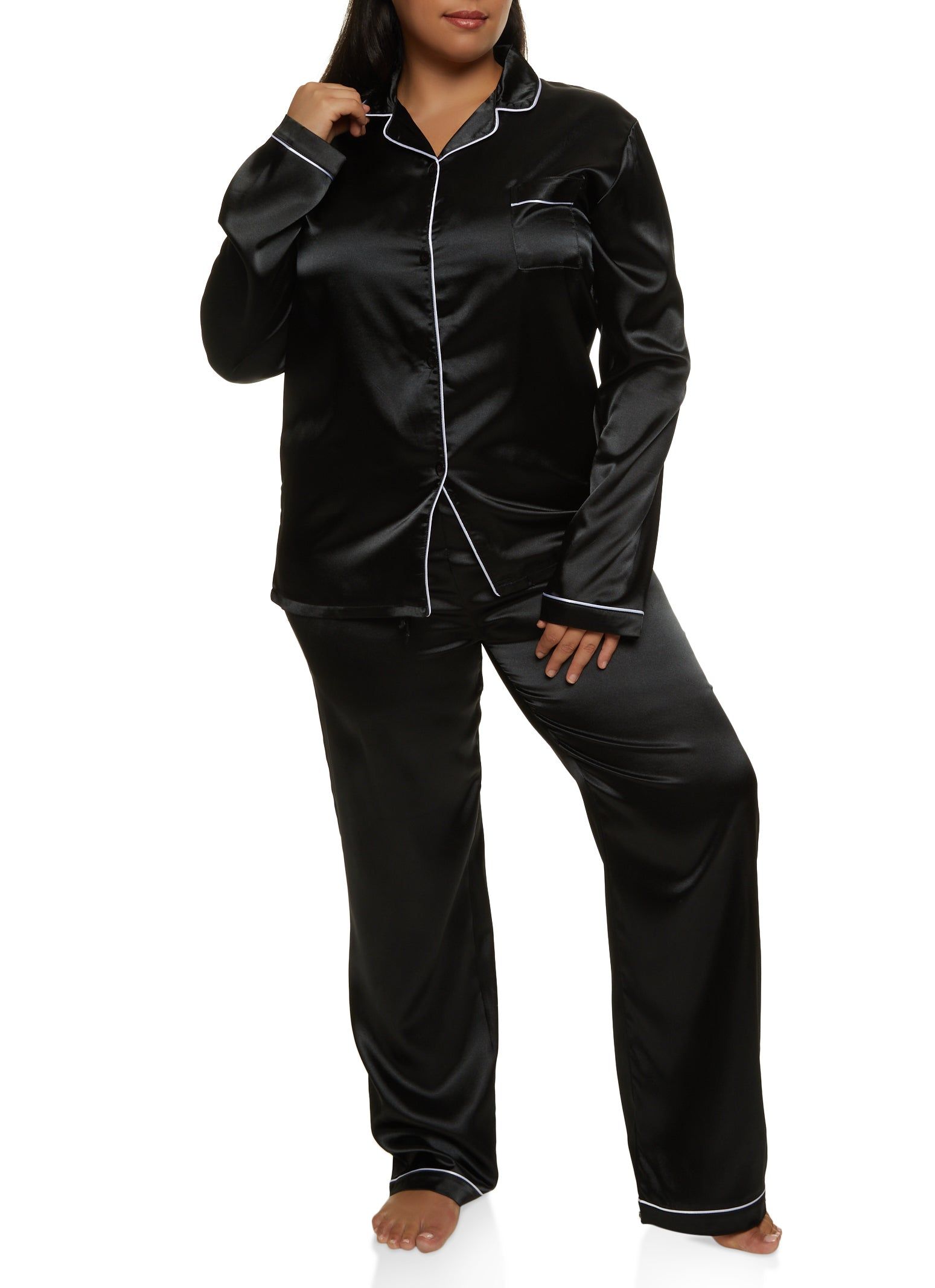 Plus Size Satin Button Down Pajama Shirt and Pants sold by Rainbow