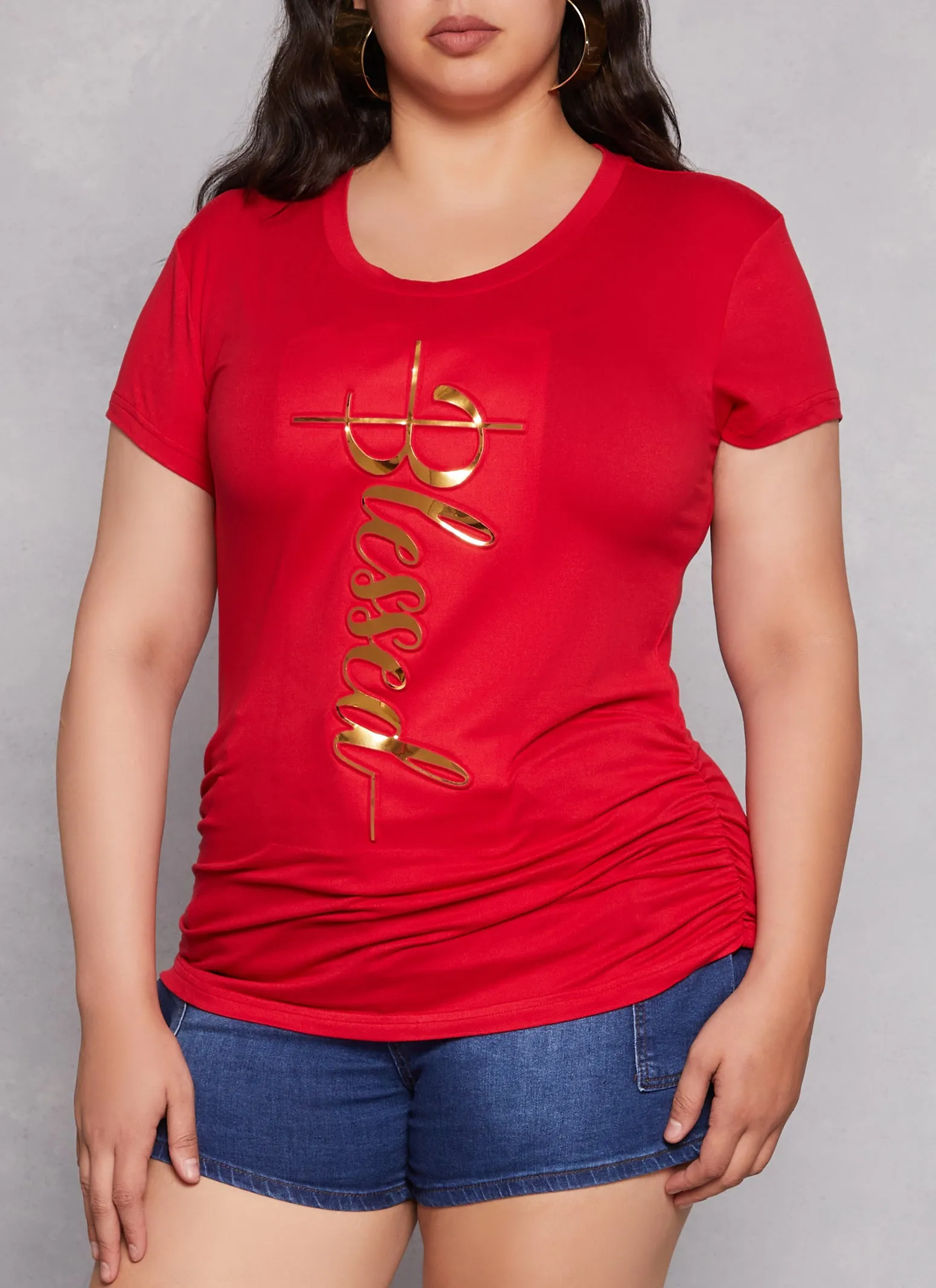 Plus Size 3D Foil Blessed Ruched Graphic Tee sold by Rainbow