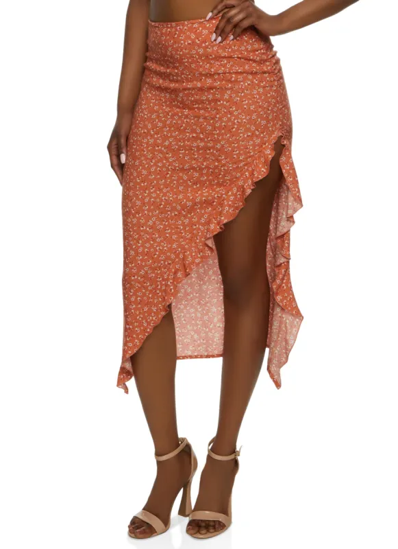 Floral Print Asymmetrical Ruffled Hem Skirt sold by Rainbow