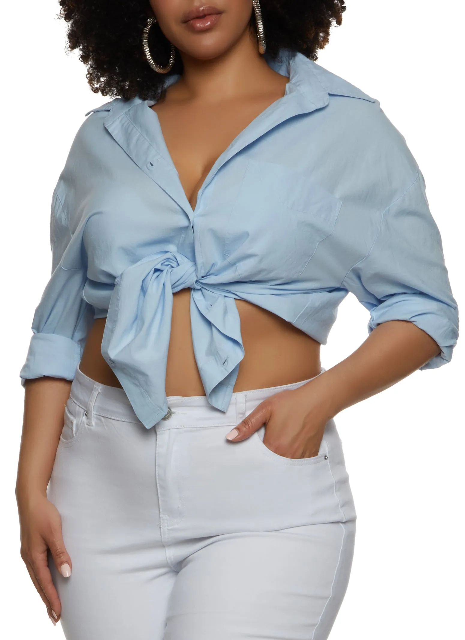 Plus Size Button Front Long Sleeve Shirt sold by Rainbow