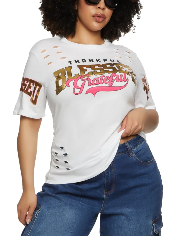 Plus Size Laser Cut Blessed Foil Graphic Tee sold by Rainbow