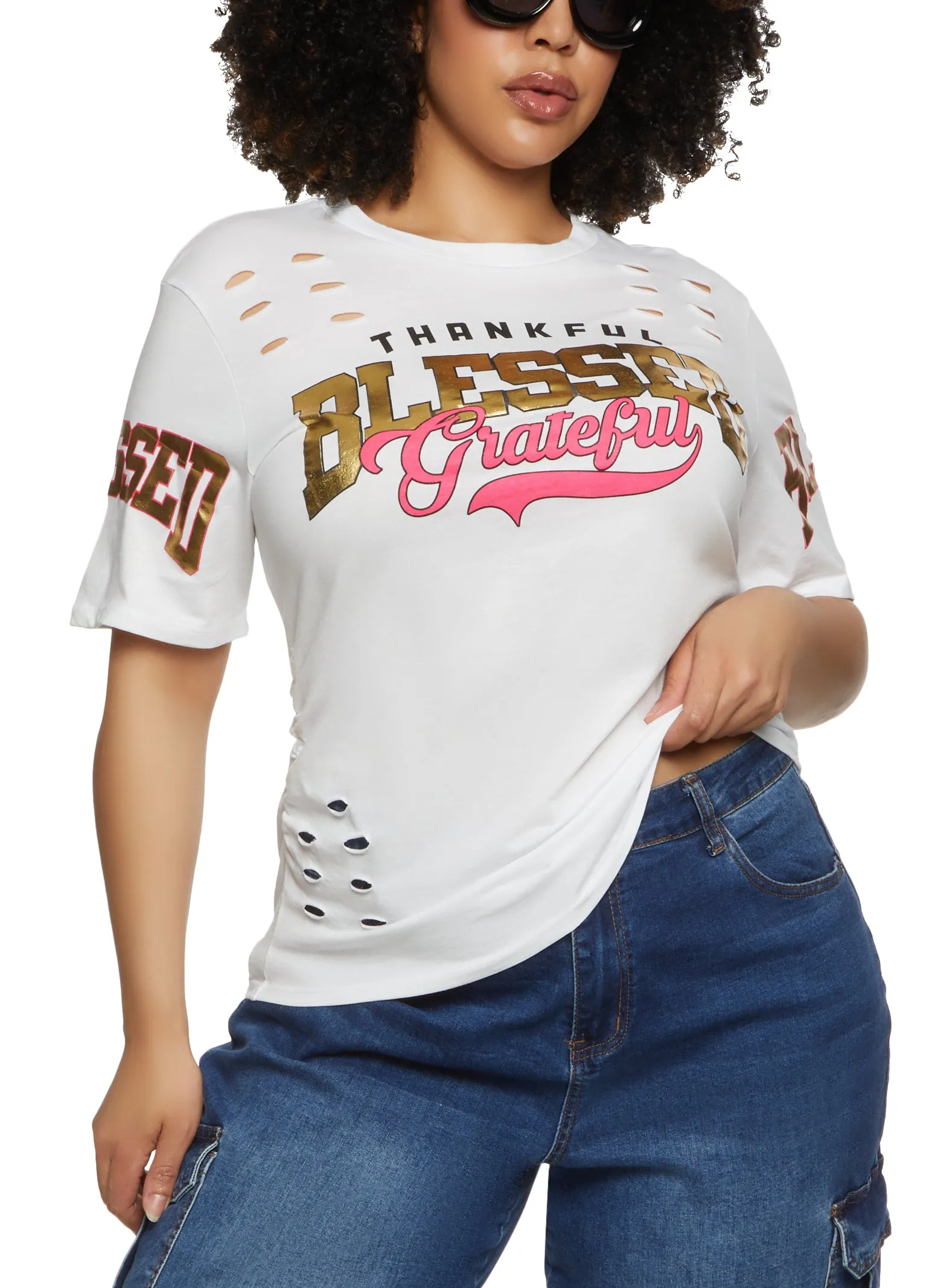 Plus Size Laser Cut Blessed Foil Graphic Tee sold by Rainbow