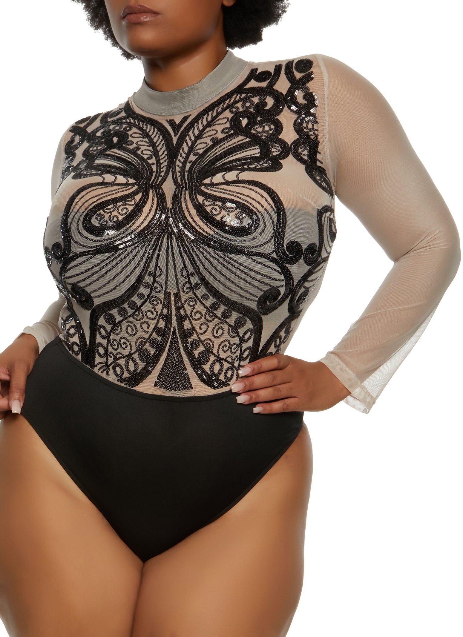 Plus Size Butterfly Sequin Mesh Long Sleeve Bodysuit sold by Rainbow