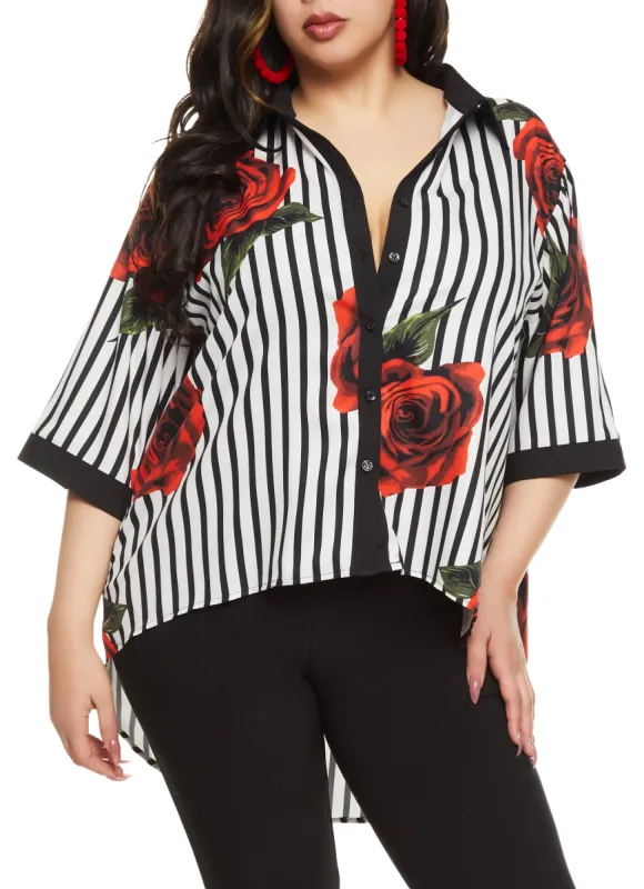 Plus Size Striped Floral Print Button Front Shirt sold by Rainbow