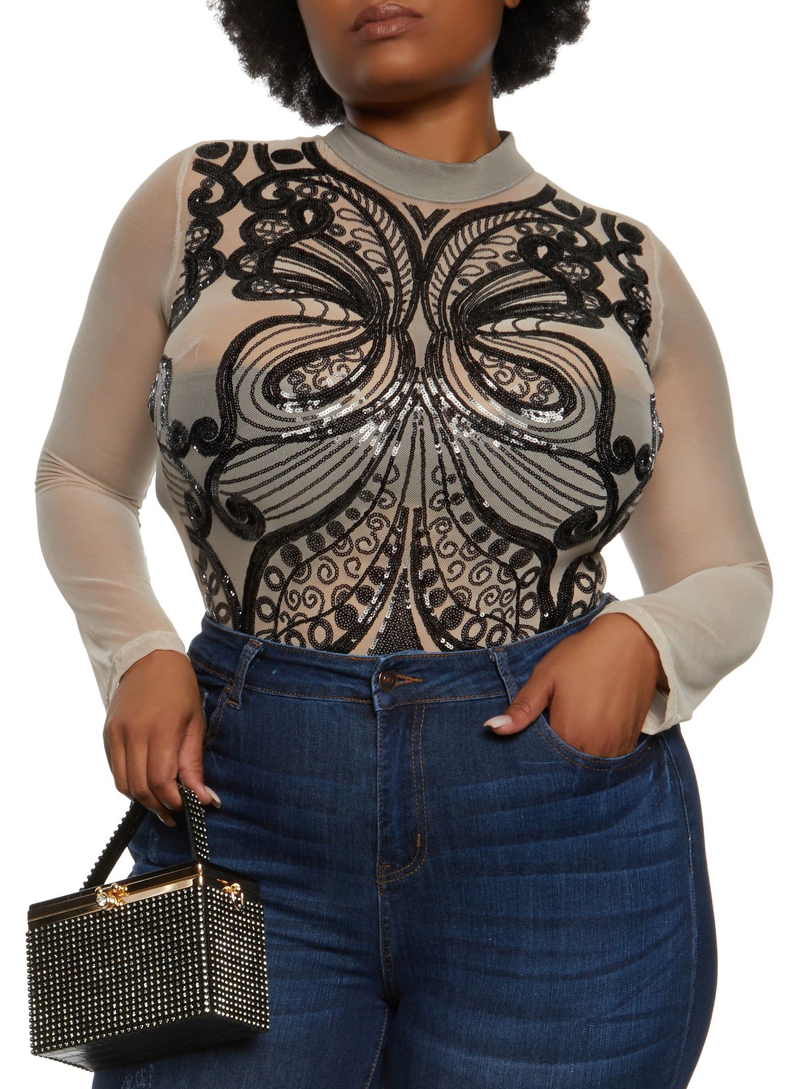 Plus Size Butterfly Sequin Mesh Long Sleeve Bodysuit sold by Rainbow product image thumbnail 2