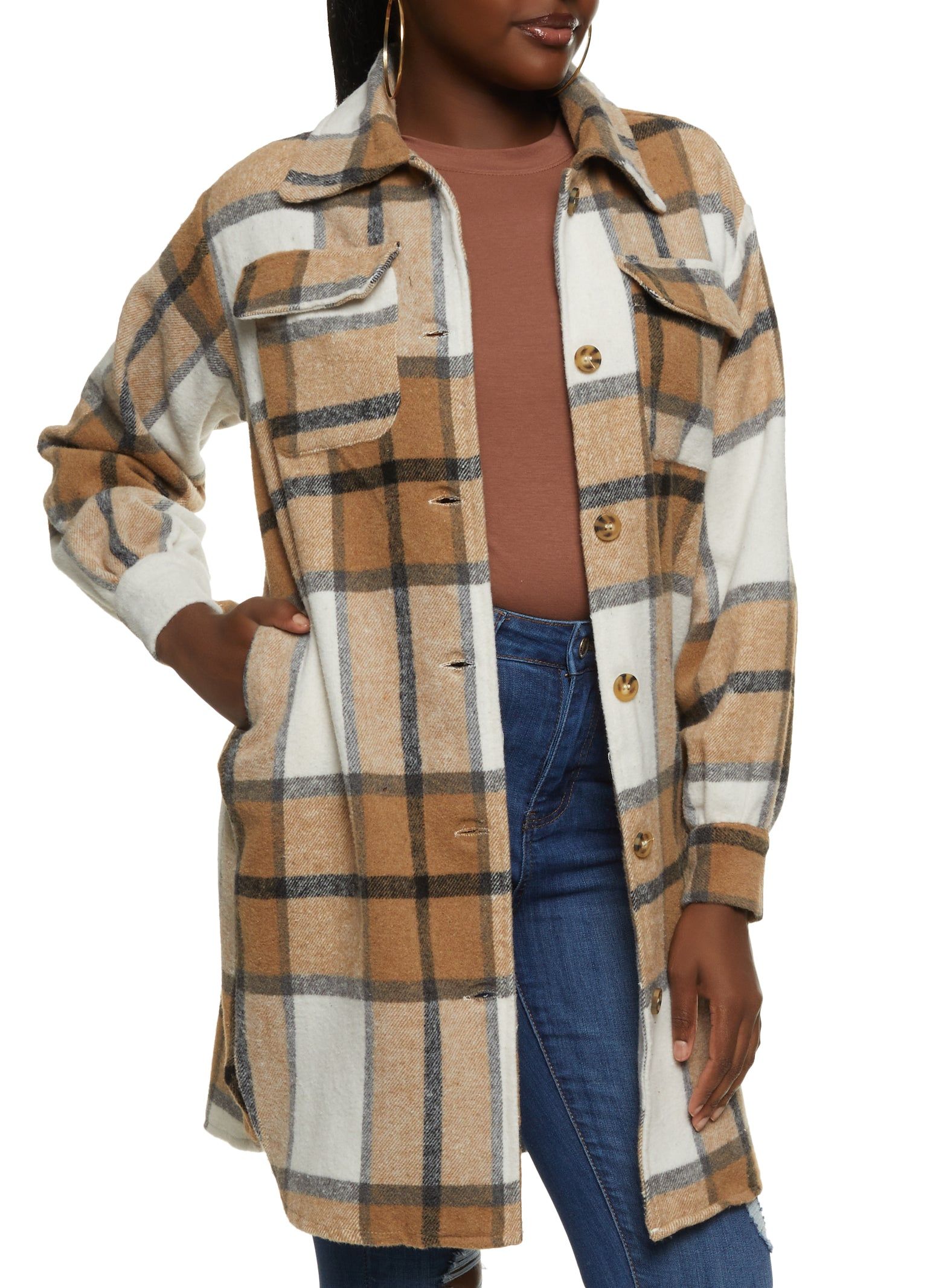 Plaid Oversized Button Front Shacket sold by Rainbow