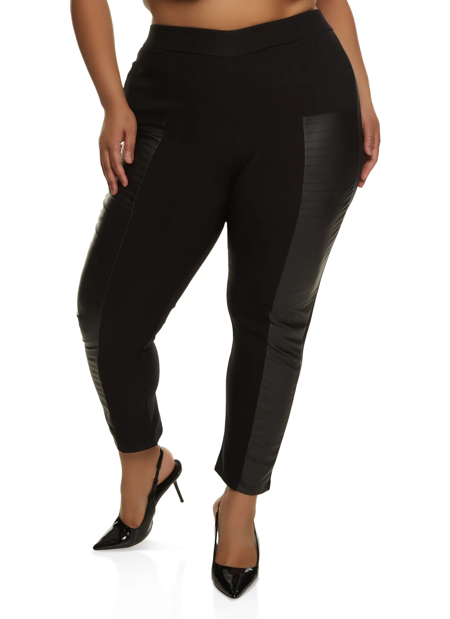 Plus Size Faux Leather Detail Moto Scuba Pants sold by Rainbow