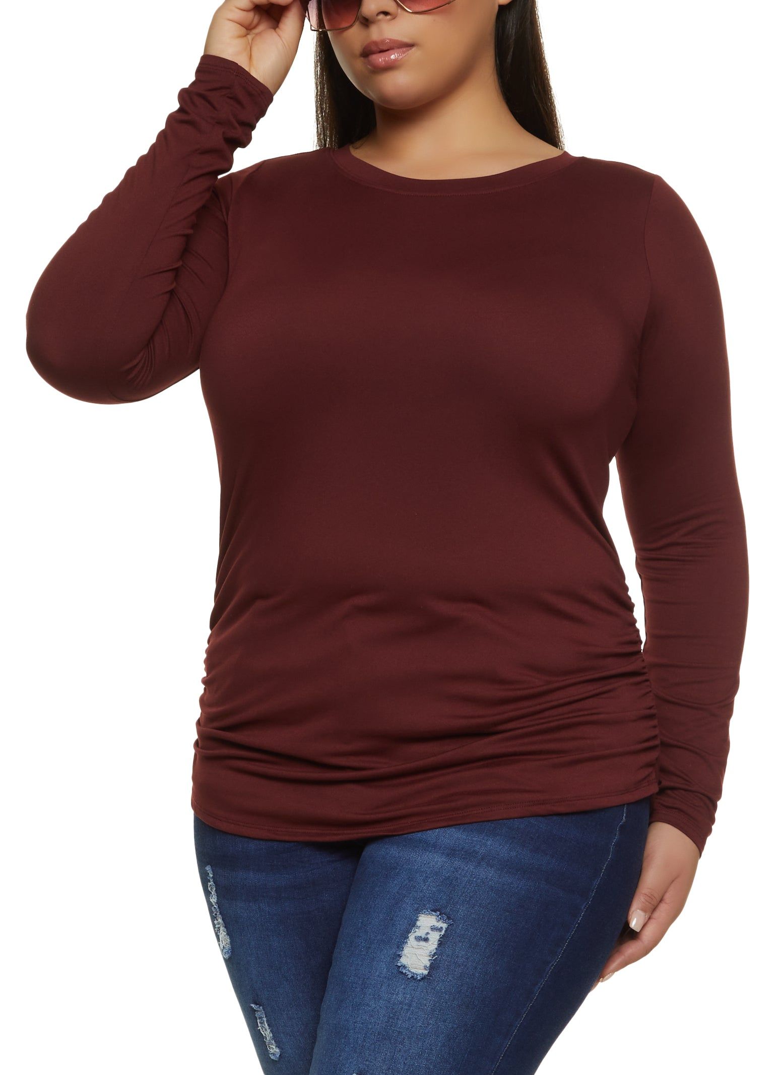 Plus Size Basic Ruched Crew Neck Top sold by Rainbow
