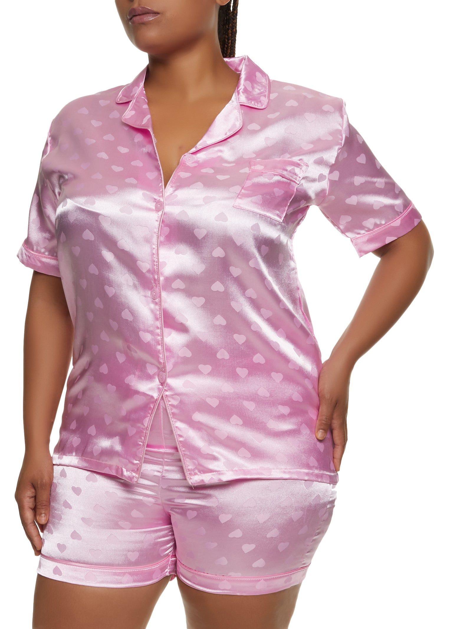 Plus Size Satin Heart Print Notch Collar Pajama Shirt and Shorts sold by Rainbow