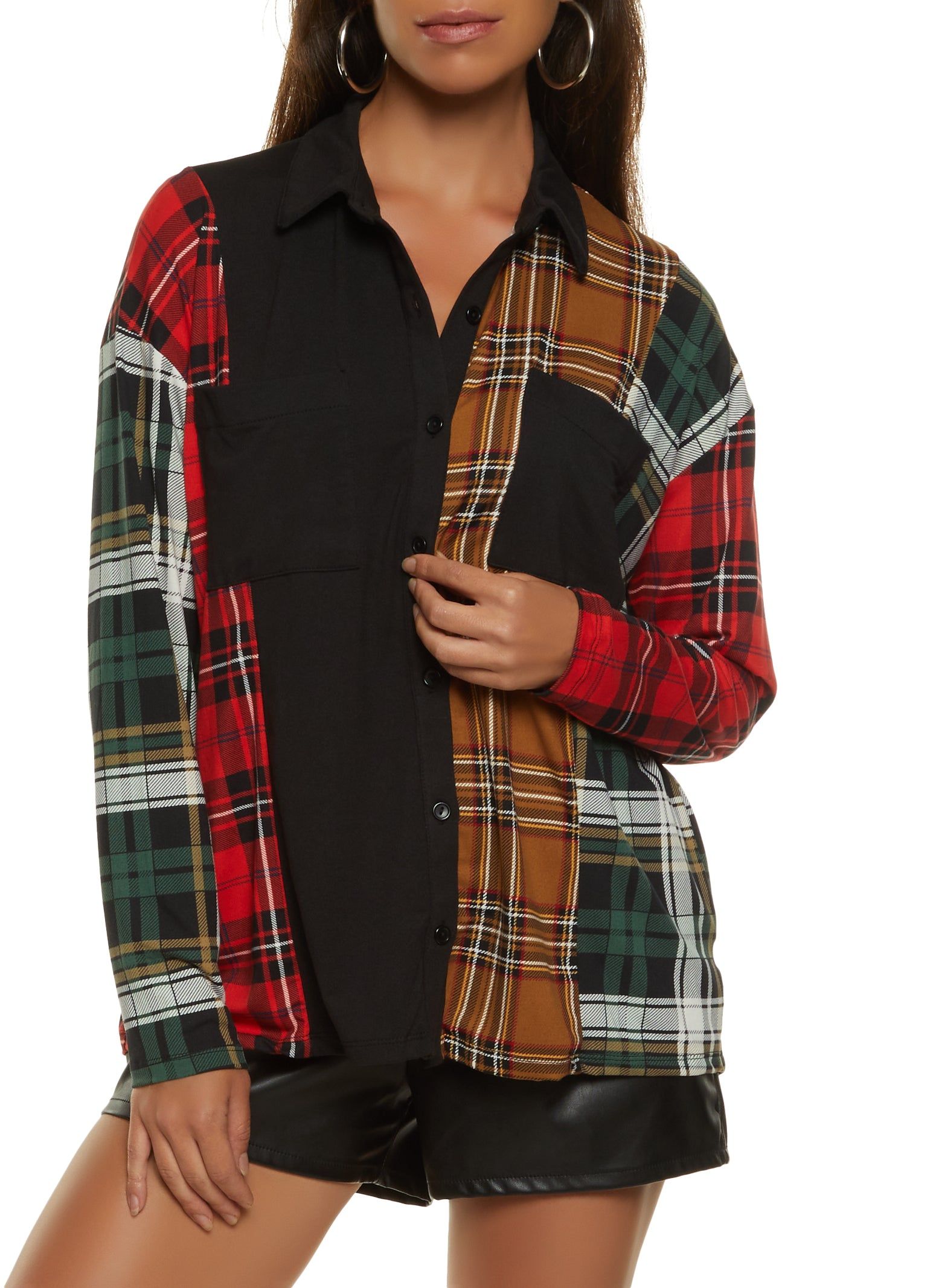 Plaid Color Blocked Button Down Shirt sold by Rainbow