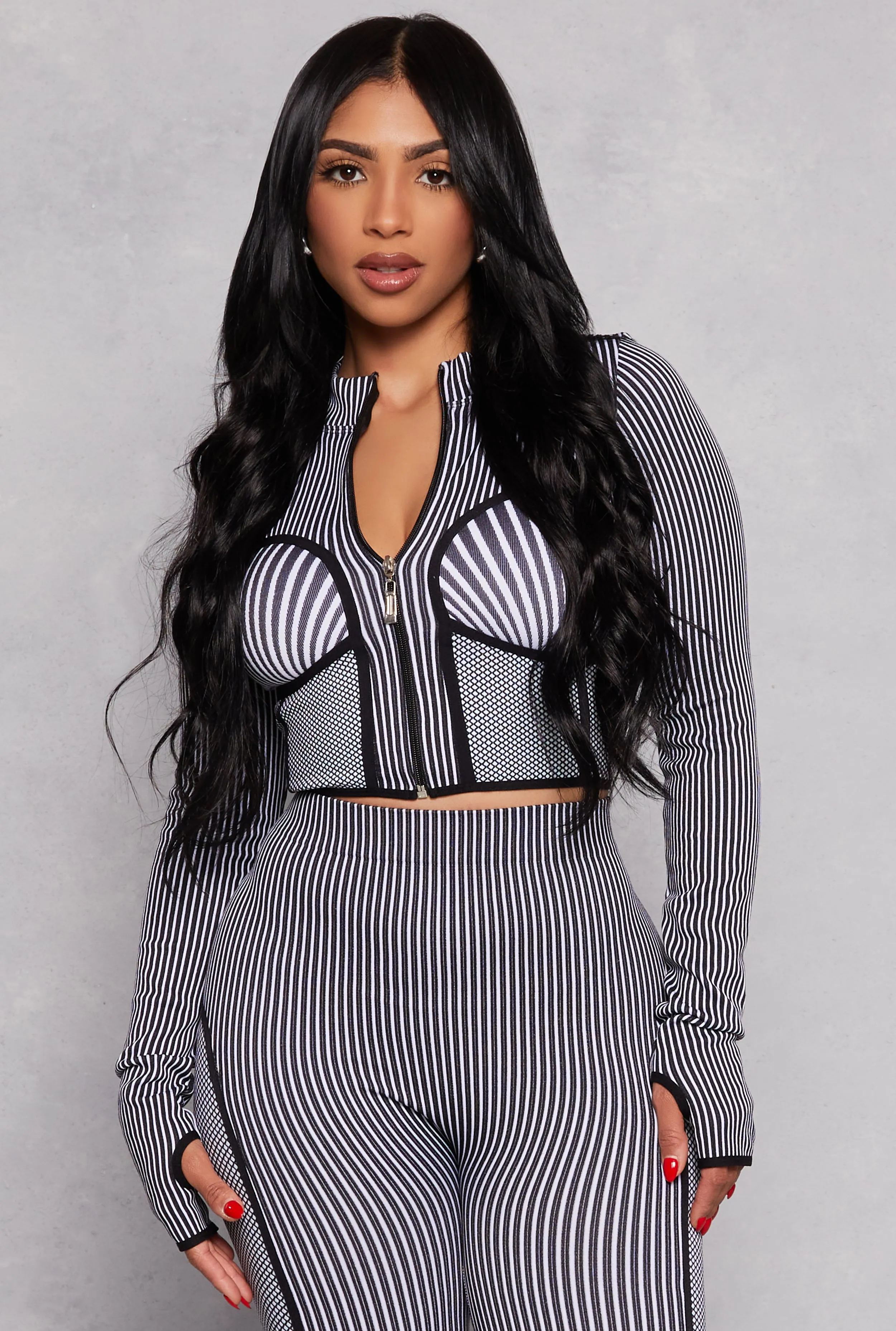 Seamless Rib Knit Striped Zip Front Track Jacket sold by Rainbow