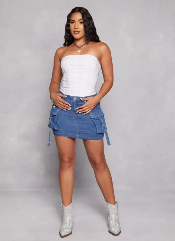 Denim Tabbed Cargo Pocket Mini Skirt sold by Rainbow
