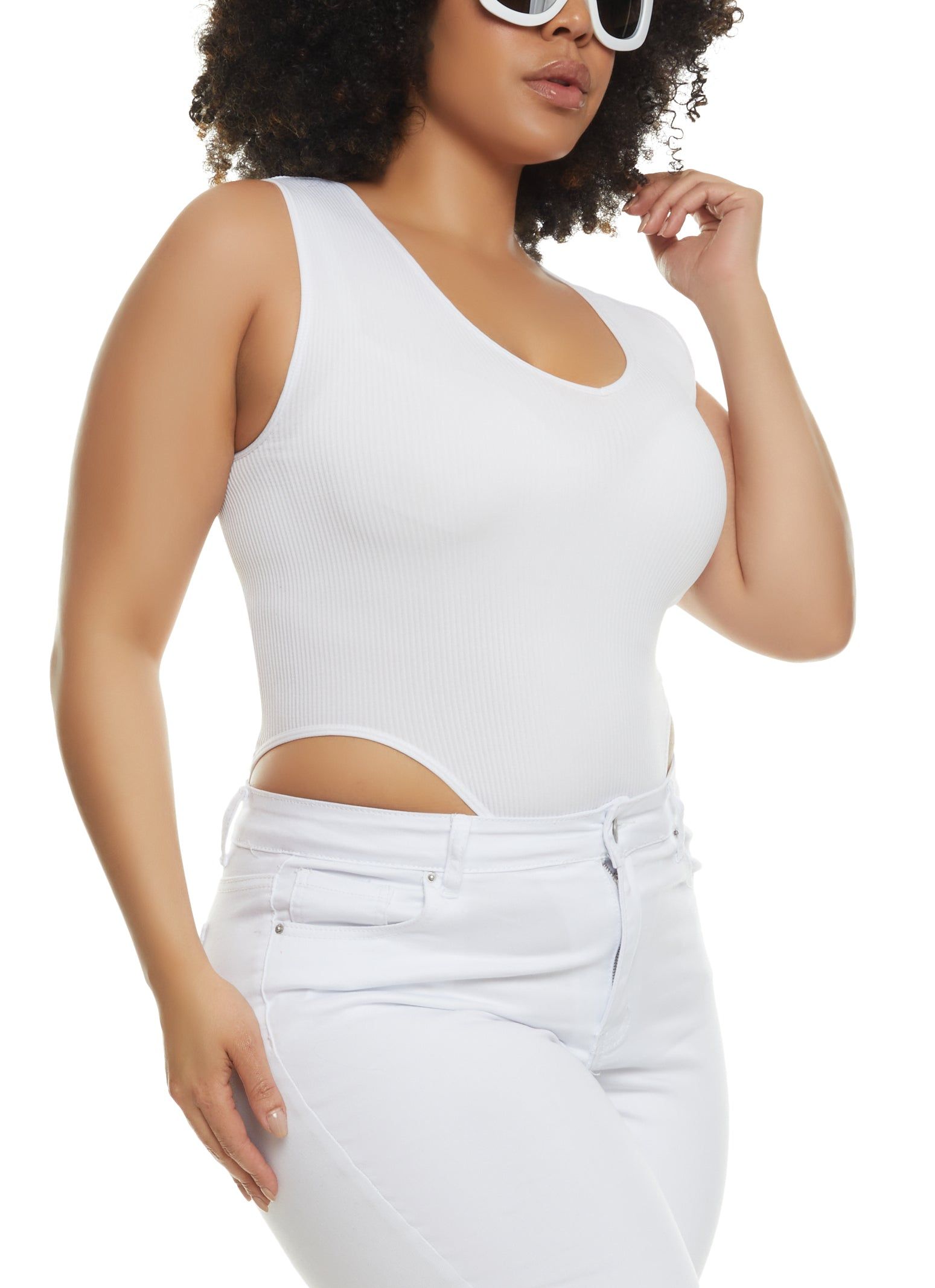 Plus Size Rib Knit High Cut Seamless V Neck Bodysuit sold by Rainbow product image thumbnail 2