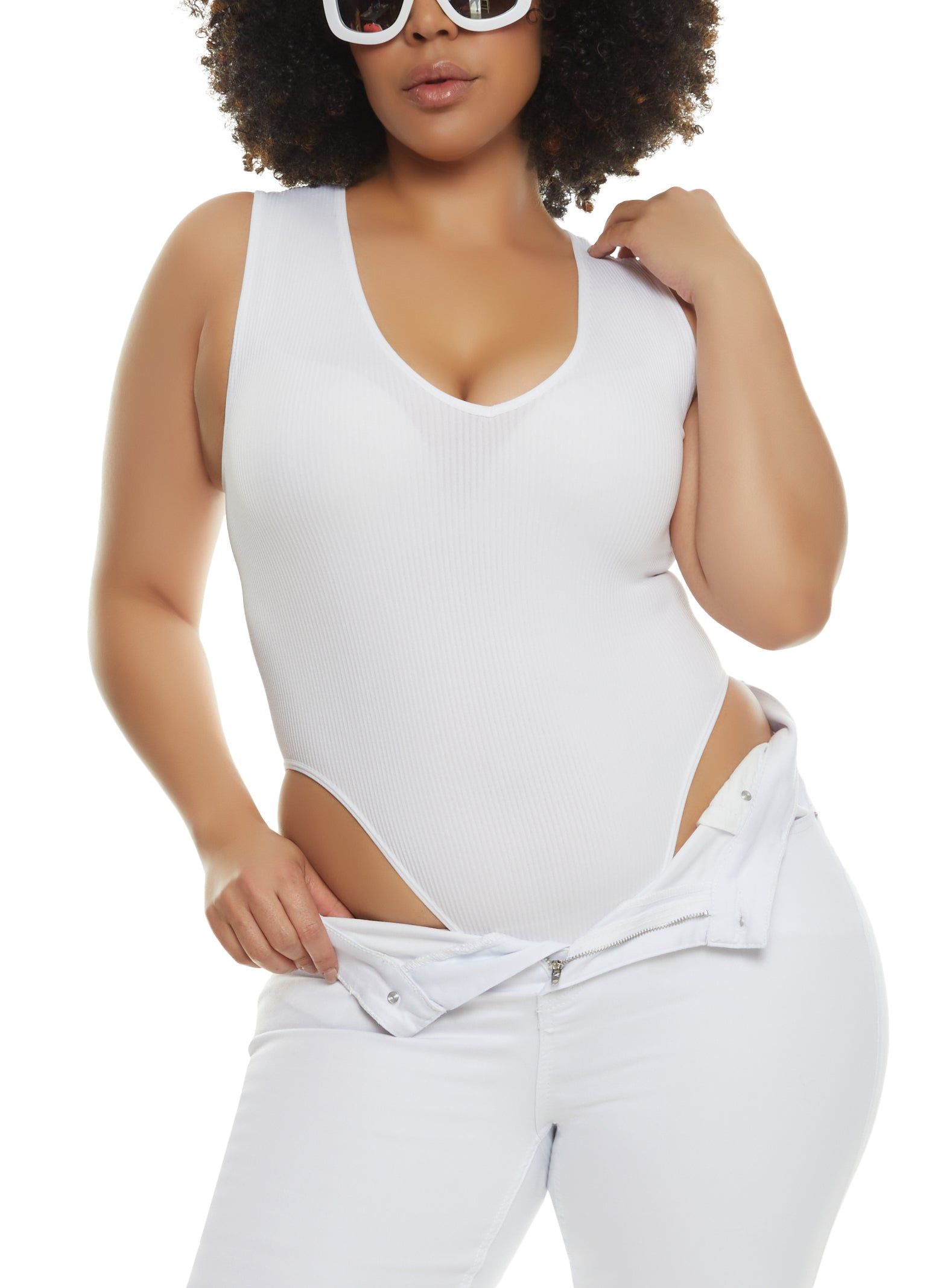 Plus Size Rib Knit High Cut Seamless V Neck Bodysuit sold by Rainbow