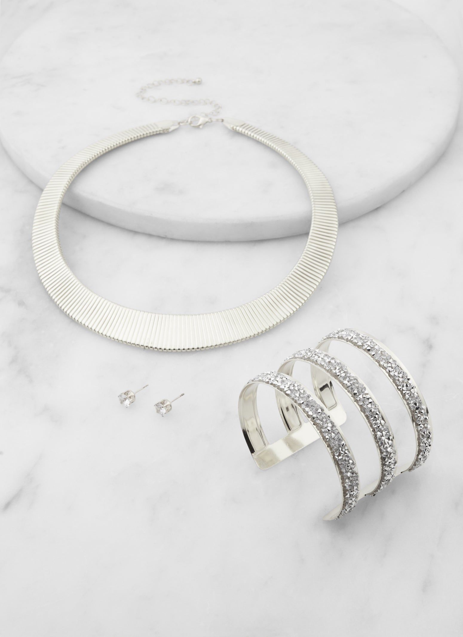 Metallic Choker Necklace with Bracelet and Cubic Zirconia Stud Earrings sold by Rainbow