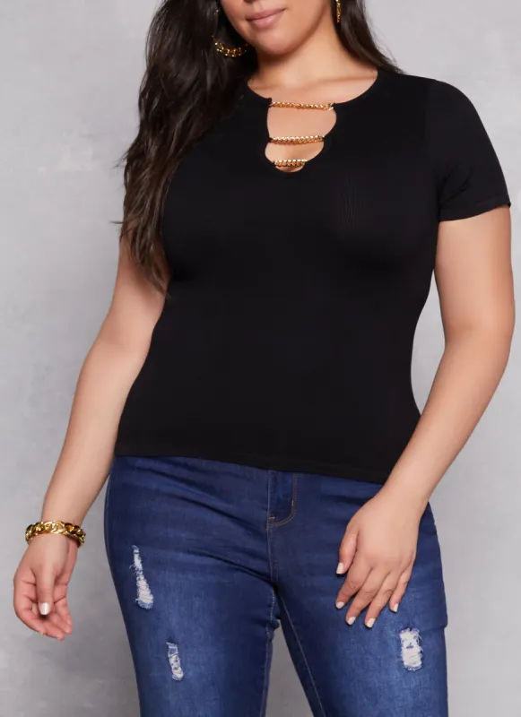 Plus Size Ribbed Knit Chain Detail Keyhole Tee sold by Rainbow