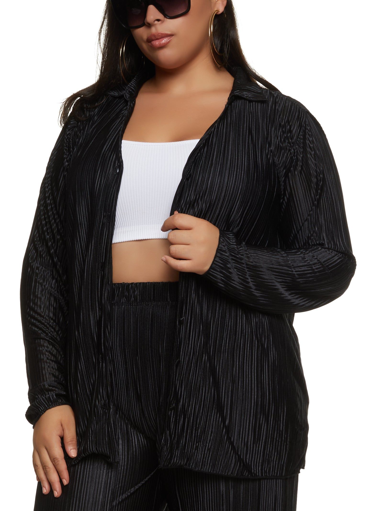 Plus Size Solid Plisse Button Front Shirt sold by Rainbow