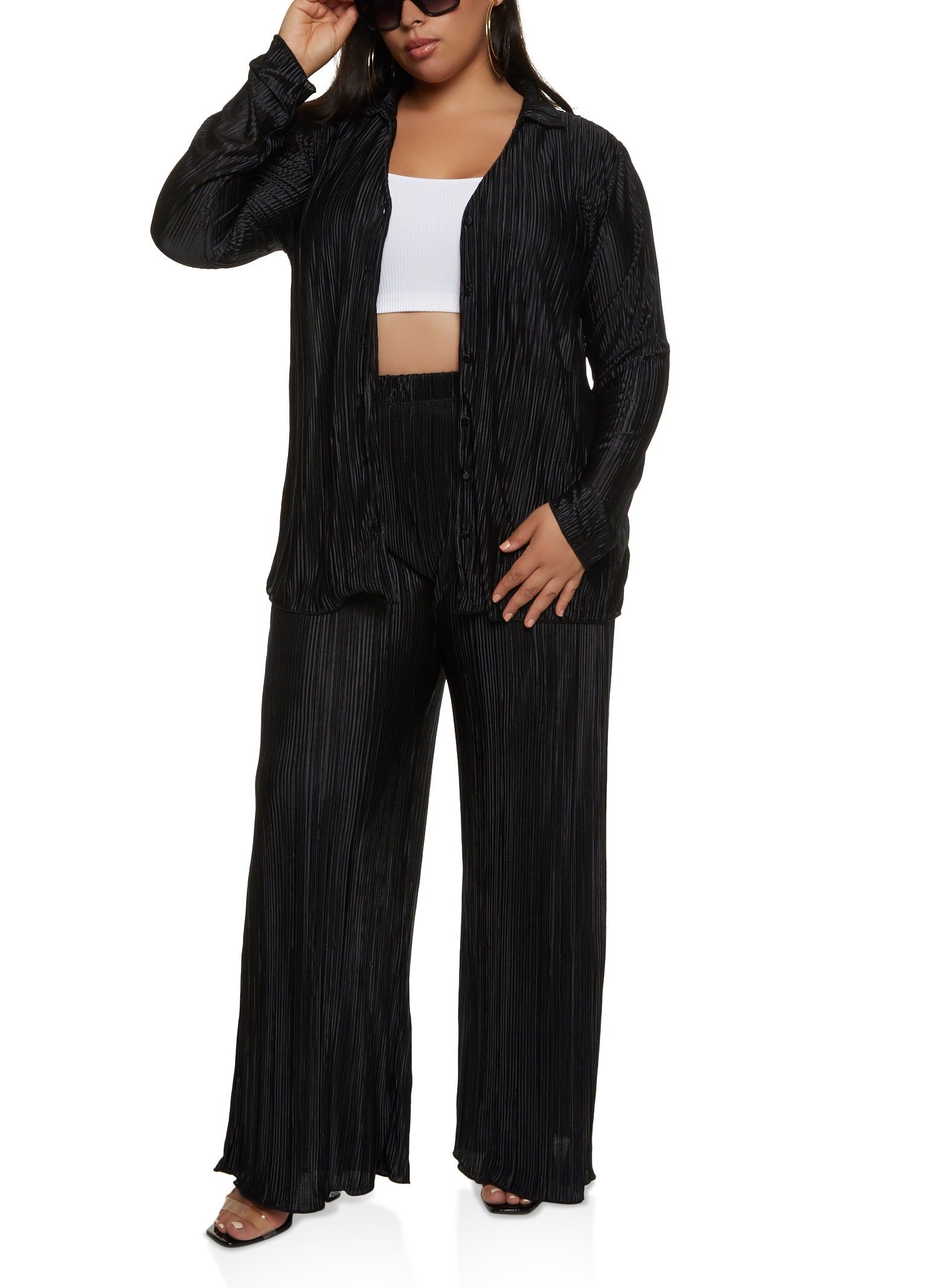 Plus Size Solid Plisse Button Front Shirt sold by Rainbow product image thumbnail 2