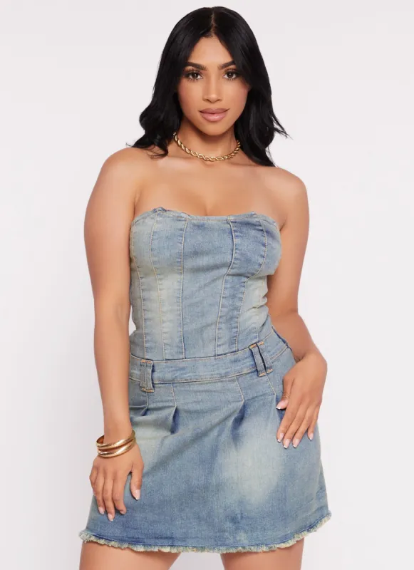Strapless Pleated Denim Mini Dress sold by Rainbow