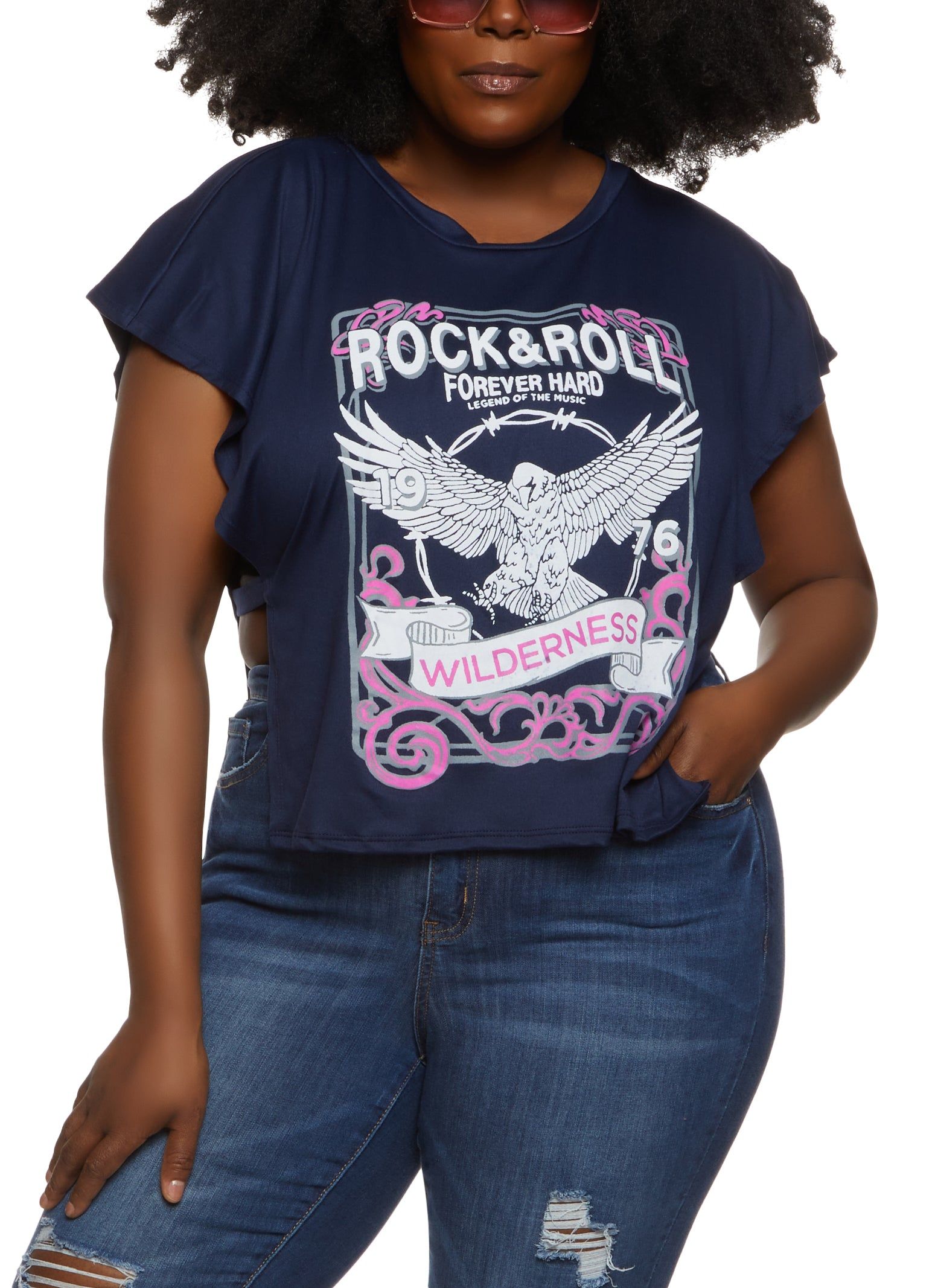 Plus Size Rock and Roll Open Side Graphic Tee sold by Rainbow