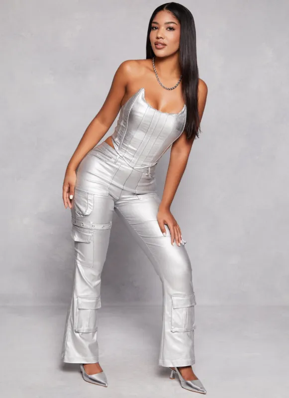 Metallic Faux Leather Corset Cargo Jumpsuit sold by Rainbow