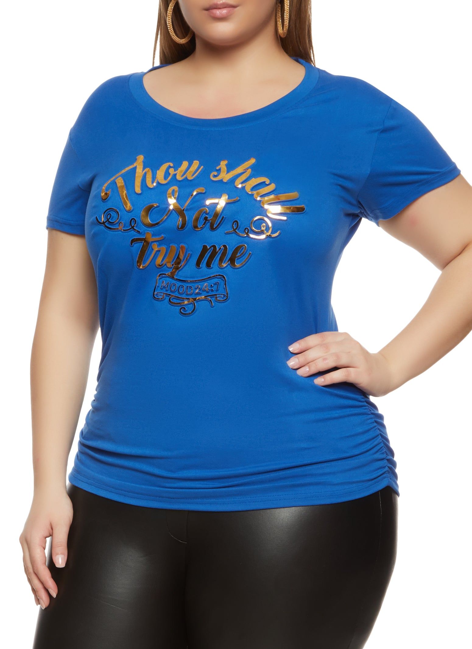 Plus Size Thou Shall Not Try Me Embossed Foil Graphic Tee sold by Rainbow