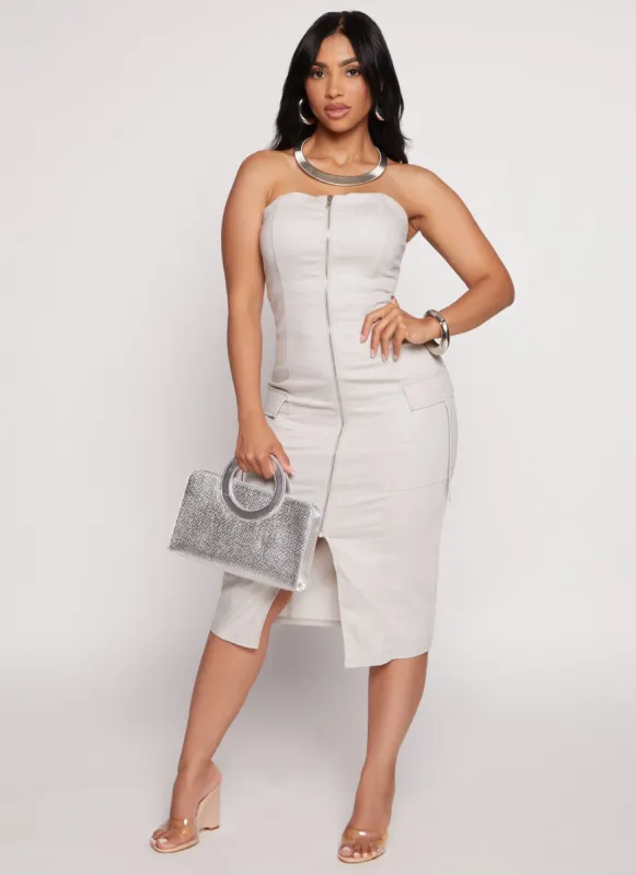 Haute Monde Strapless Zip Front Cargo Pocket Midi Dress sold by Rainbow