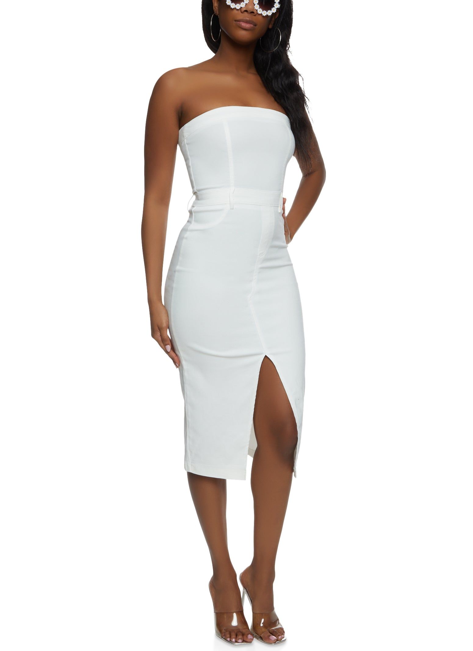 Strapless Front Slit Zip Back Midi Dress sold by Rainbow