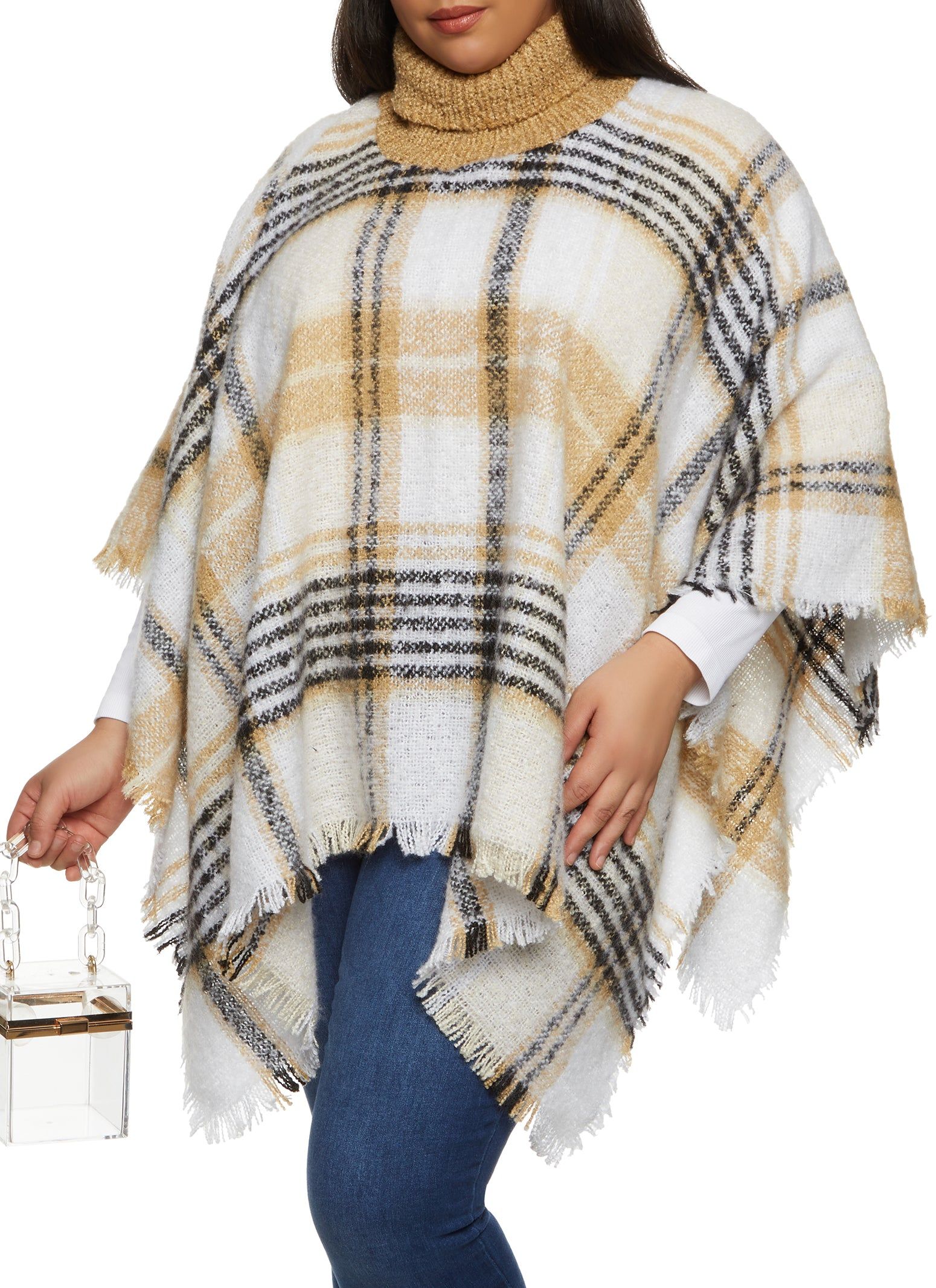 Plaid Turtleneck Frayed Hem Poncho sold by Rainbow product image thumbnail 3