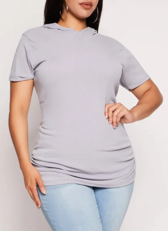 Plus Size Rib Knit Hooded Short Sleeve Tee sold by Rainbow
