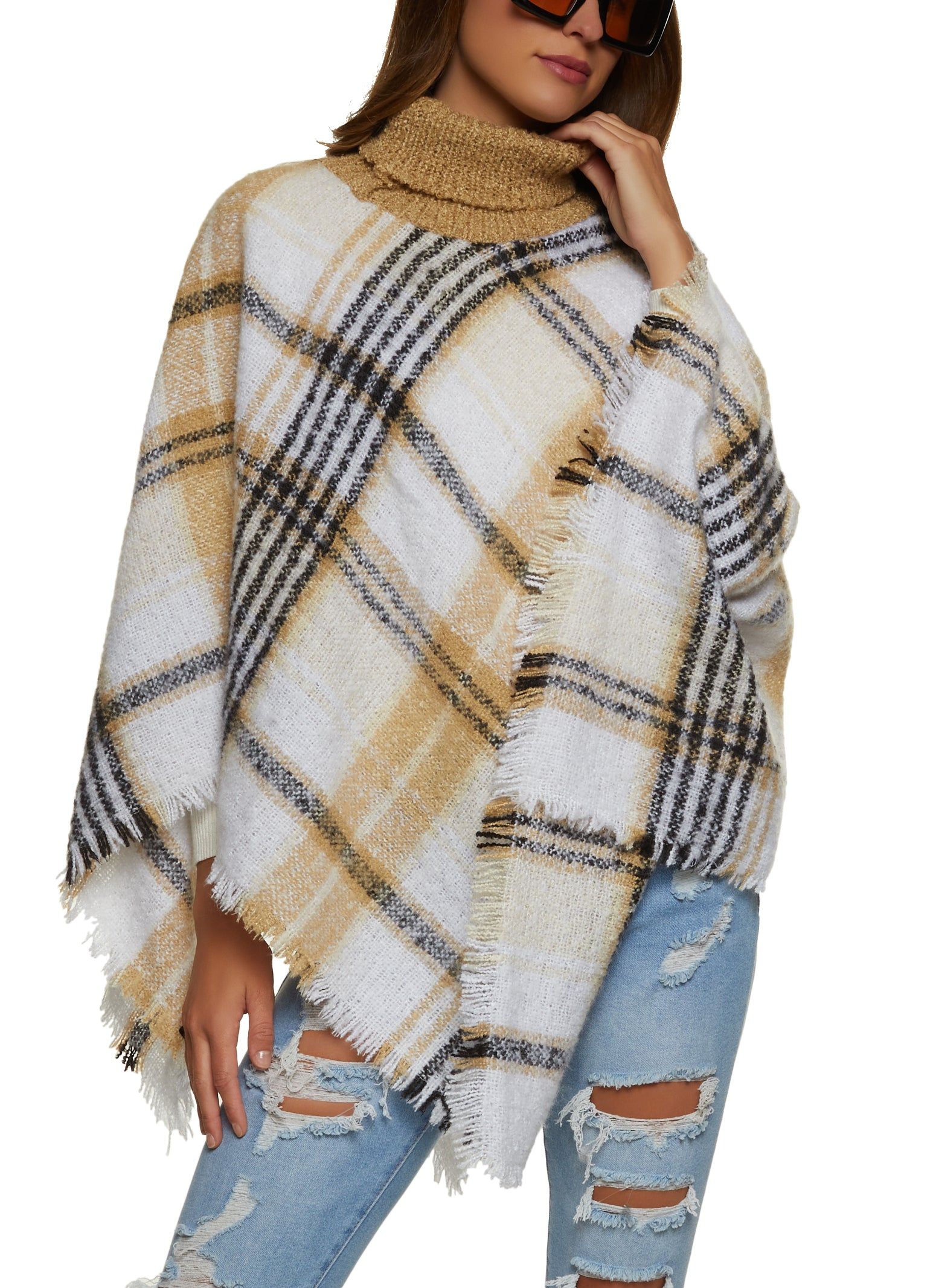 Plaid Turtleneck Frayed Hem Poncho sold by Rainbow
