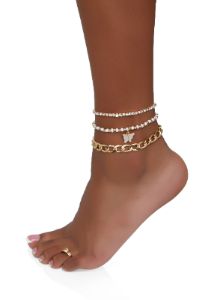 Rhinestone Beaded Charm Anklet Trio with Toe Ring sold by Rainbow