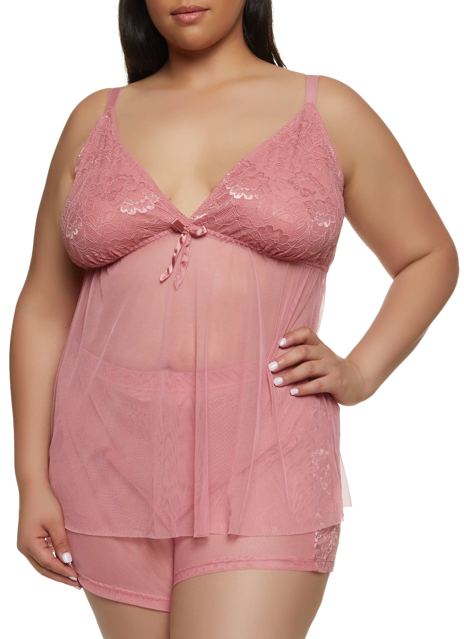 Plus Size Lace Mesh Cami Babydoll and Shorts Set sold by Rainbow