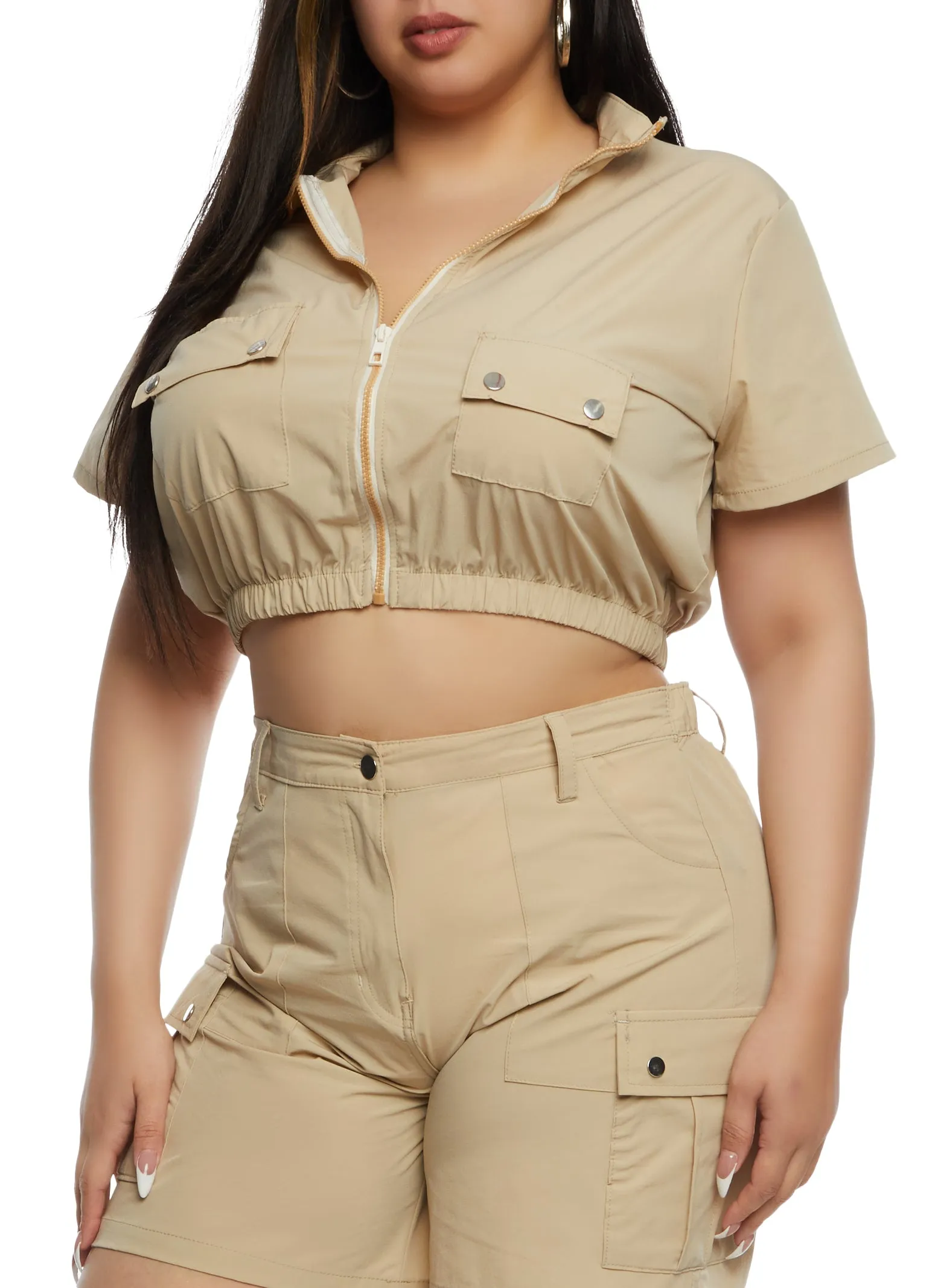 Plus Size Cargo Pocket Zip Front Crop Top sold by Rainbow