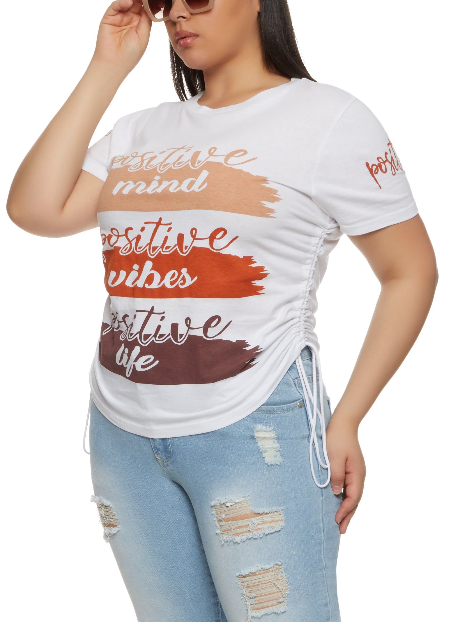Plus Size Positive Vibes Ruched Graphic Tee sold by Rainbow