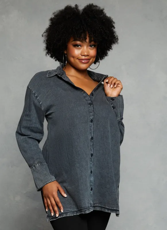 Plus Size Open Tie Back Acid Wash Denim Shirt sold by Rainbow