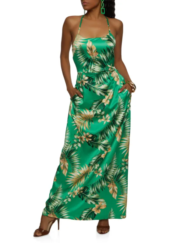 Haute Monde Open Criss Cross Back Tropical Print Maxi Dress sold by Rainbow