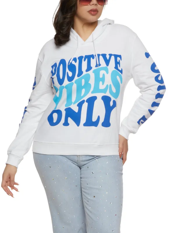 Plus Size Positive Vibes Only Smiley Graphic Hoodie sold by Rainbow