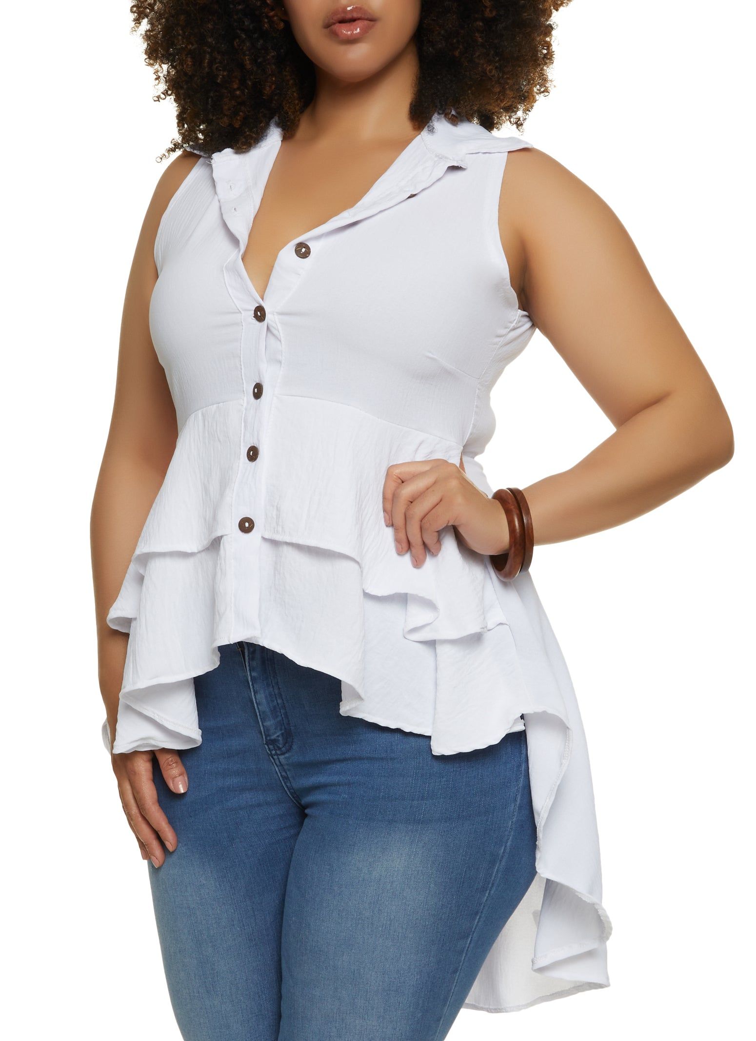 Plus Size Button Front Tiered High Low Shirt sold by Rainbow