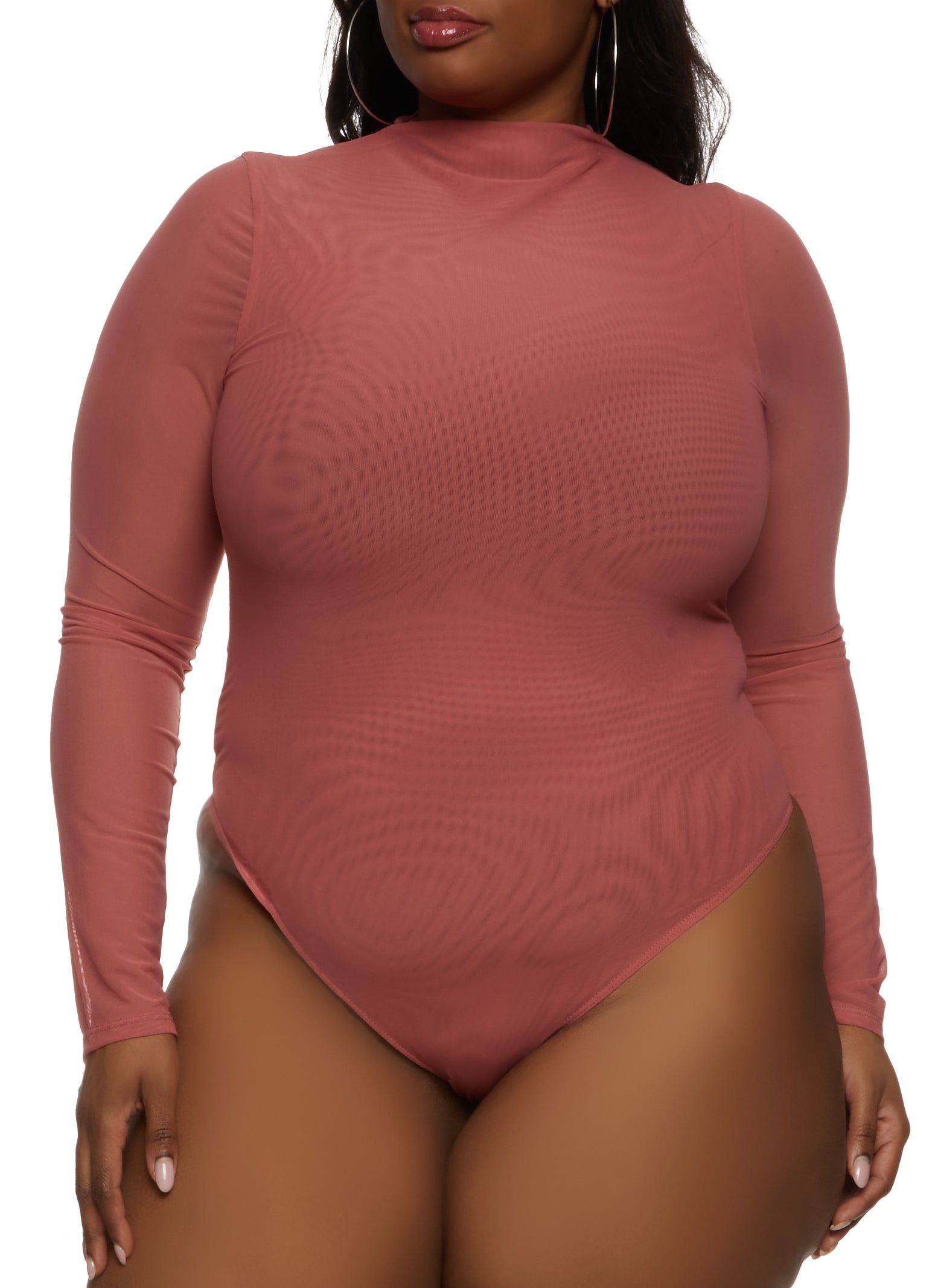 Plus Size Mesh High Neck Long Sleeve Bodysuit sold by Rainbow