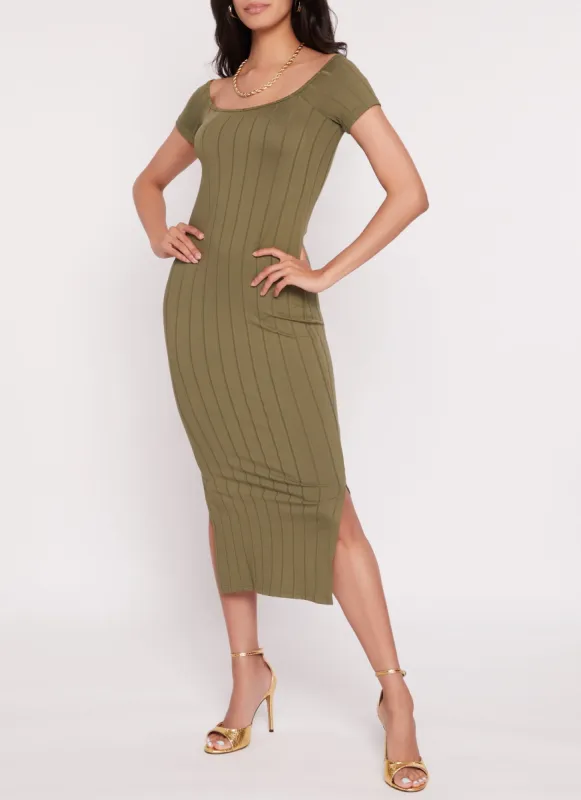 Ribbed Off The Shoulder Side Slit Midi Dress sold by Rainbow