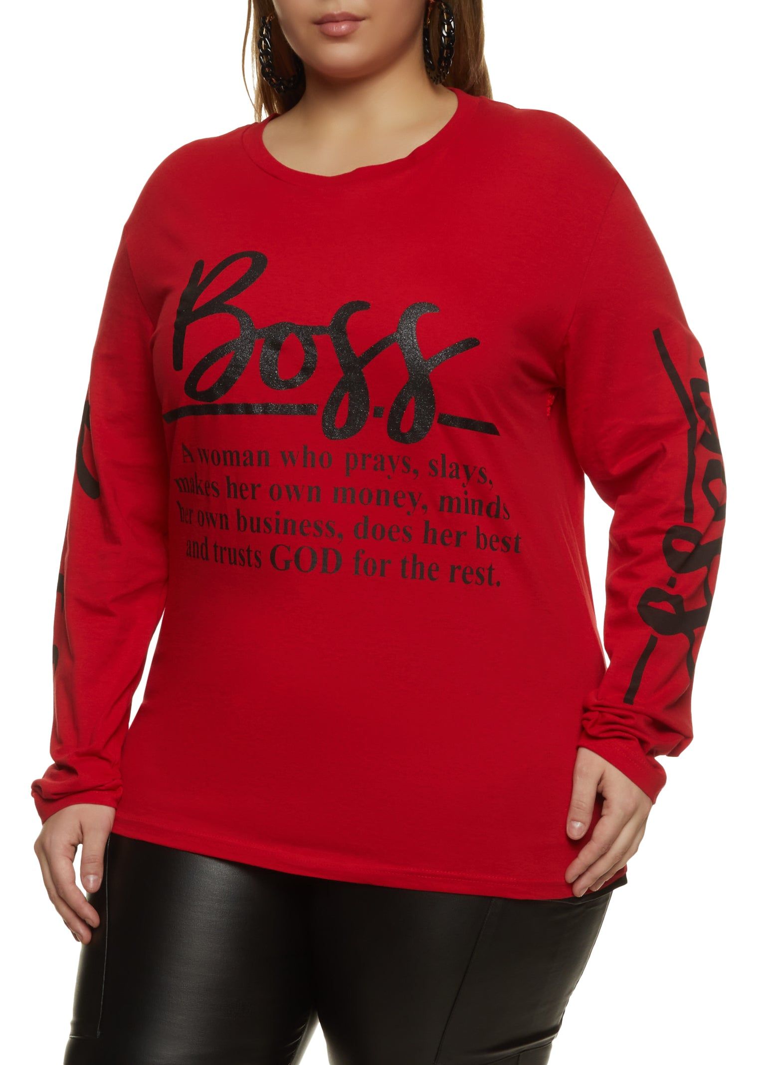 Plus Size Long Sleeve Boss Graphic Tee sold by Rainbow