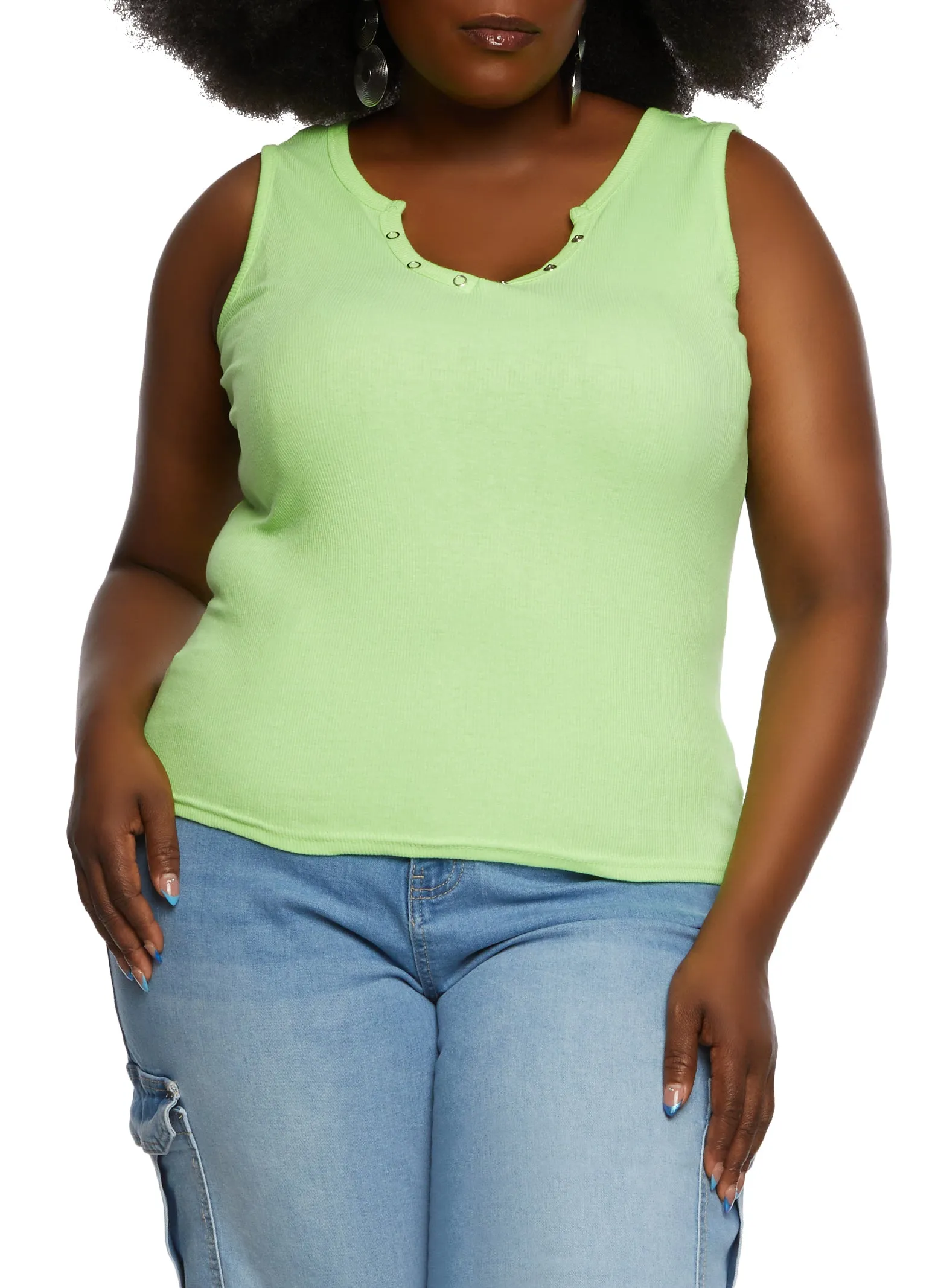 Plus Size Snap Button Notch Neck Tank Top sold by Rainbow