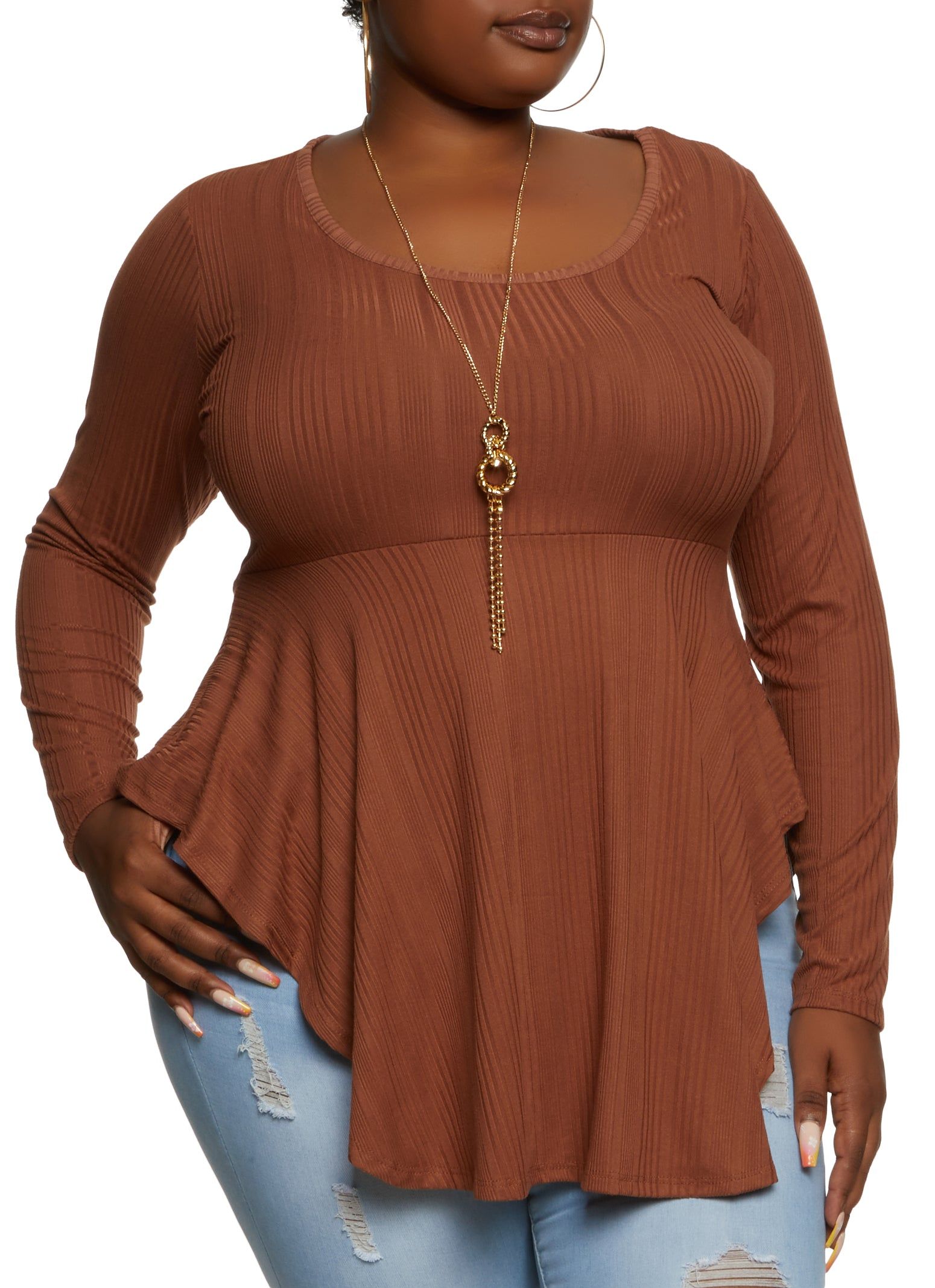 Plus Size Long Sleeve Peplum Top with Necklace sold by Rainbow
