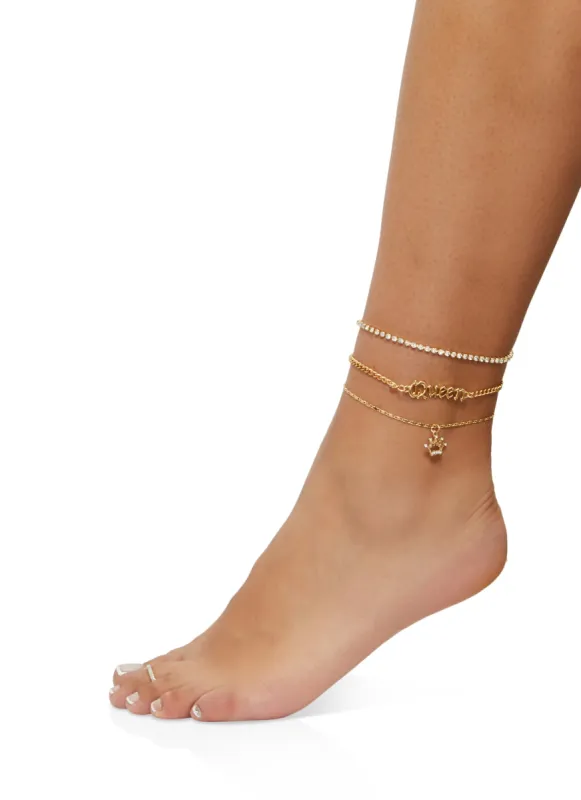 Cubic Zirconia Queen Charm Anklet Trio with Toe Ring sold by Rainbow