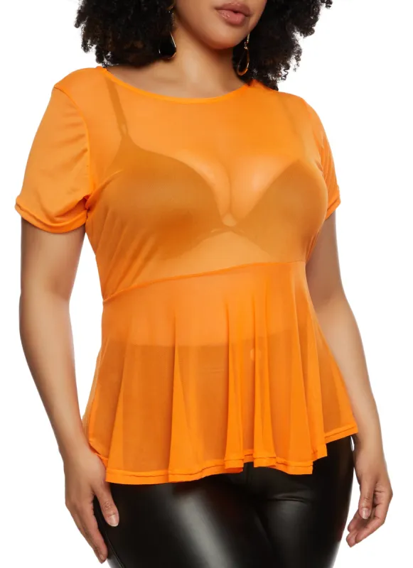 Plus Size Sheer Mesh Short Sleeve Peplum Top sold by Rainbow