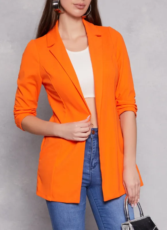 Solid Open Front Ruched Sleeve Blazer sold by Rainbow