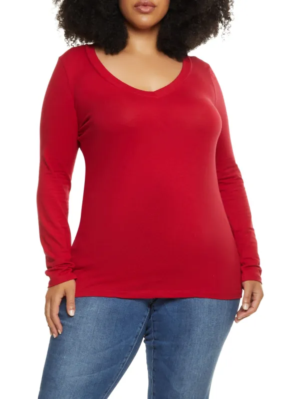 Plus Size Basic V Neck Long Sleeve Tee sold by Rainbow