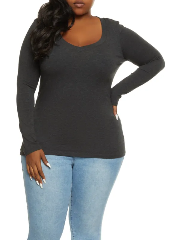 Plus Size Basic V Neck Long Sleeve Tee sold by Rainbow